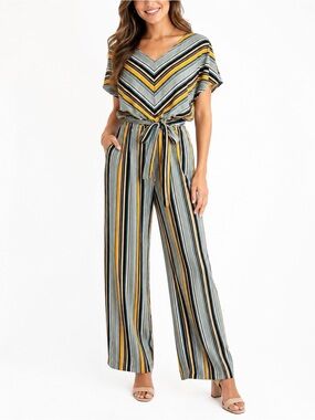 Soho Apparel Striped V-Neck Wide-Leg Jumpsuit in Yellow & Gray NWT Size M